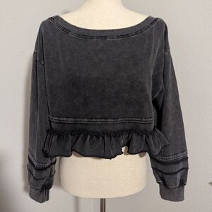 Washed Black Ruffle Hem Cropped Sweatshirt Balloon Sleeve Grunge Y2K Western